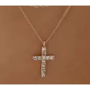 14k‎ Gold 20 inch Sparkling Cross Necklace Rhinestones Dainty Pendant